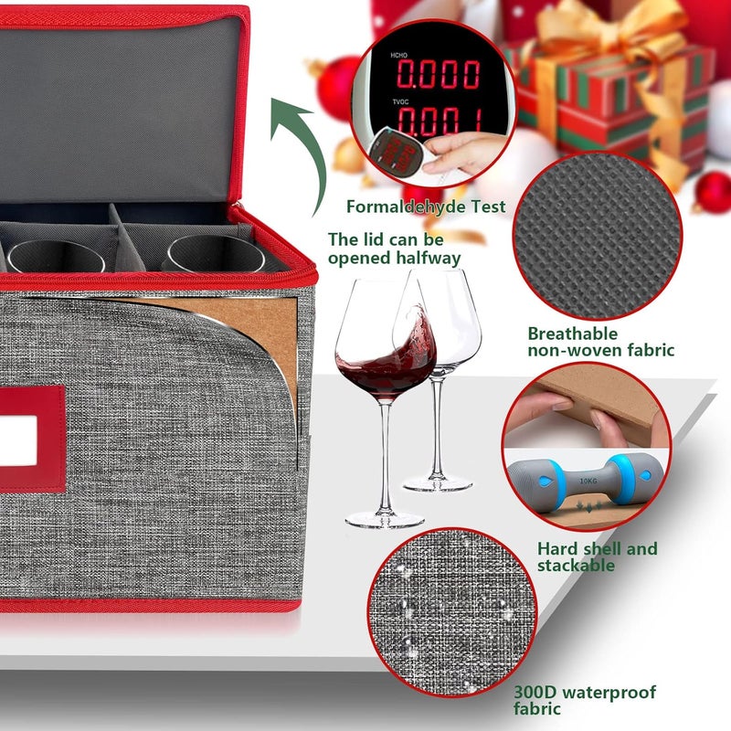 VERONLY Wine Glass Storage Box with Dividers, Stemware Storage Case Hard Shell Stackable for Up to 12 Glasses, Crystal Glassware Containers for Holidays (Grey and Red) - Image 2